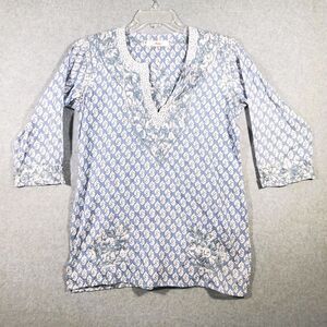 Amaya Tunic Top Womens Large Blue White Hand Embroidered Boho Hippie